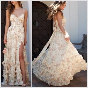 V. CHAPMAN Carmen Corset Front-slit Ruffled Gown Dress Carmel Valley Rose Sz 12